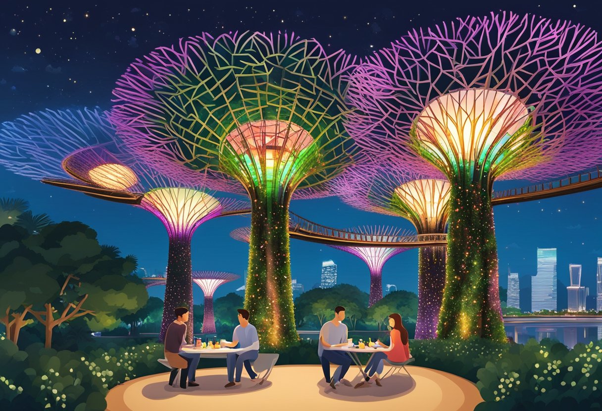A couple picnicking under the stars at Gardens by the Bay, surrounded by glowing supertrees and a view of the city skyline