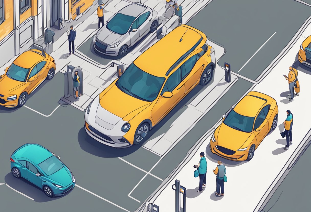 People using app to unlock car, driving around city, returning car to designated spot