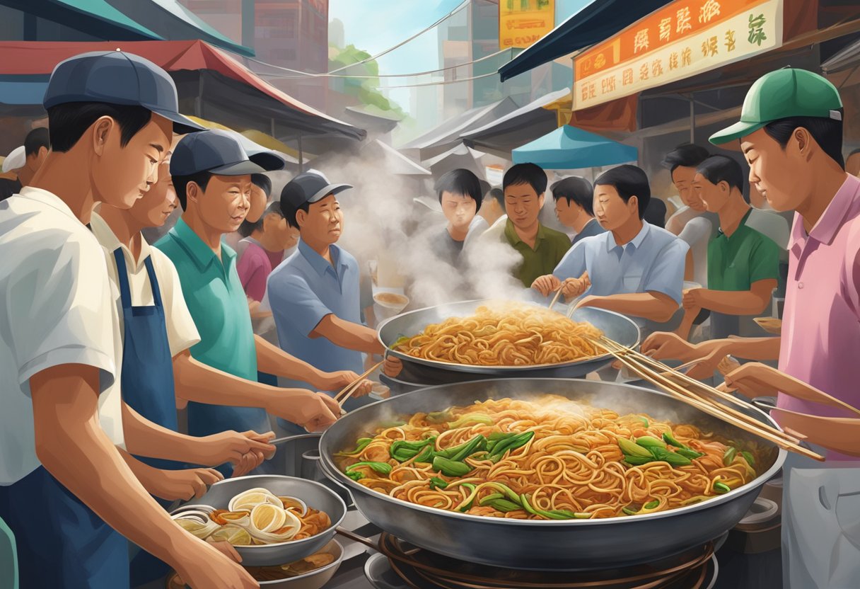 A steaming plate of Hokkien mee sits on a crowded hawker stall, surrounded by sizzling woks and bustling customers