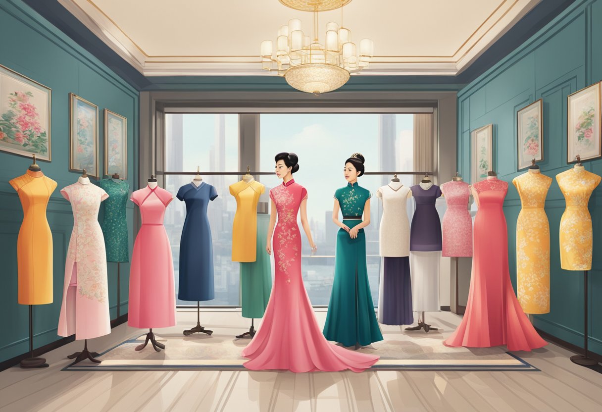 A display of traditional and modern cheongsams in a Singaporean setting, showcasing the evolution of the iconic dress style
