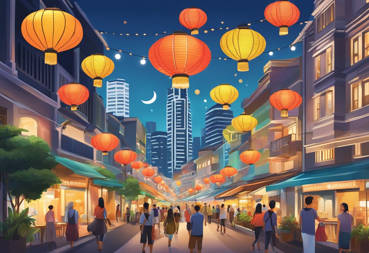 A bustling street in Singapore adorned with colorful lanterns and vibrant decorations, with iconic landmarks like the Marina Bay Sands and the Singapore Flyer visible in the background