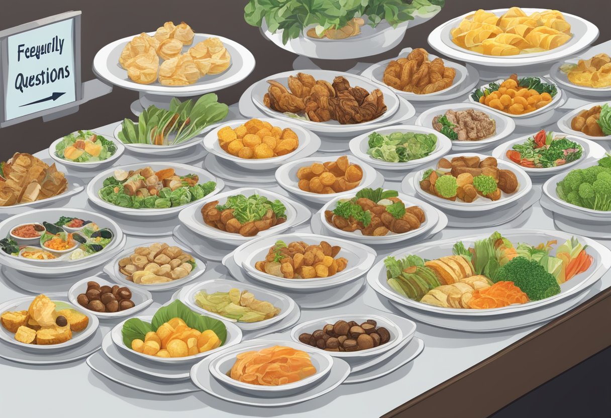 A table with a variety of mini buffet dishes in Singapore, with labels and a sign reading "Frequently Asked Questions."