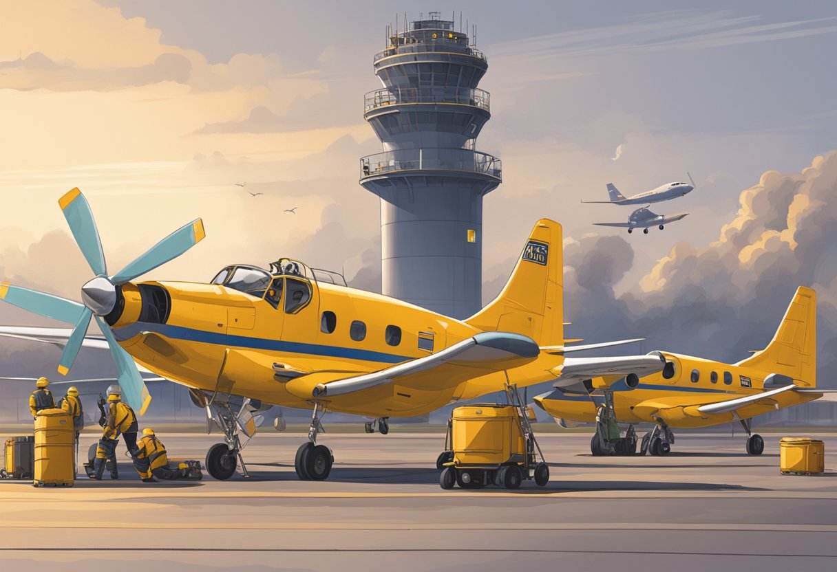 Firefly planes lined up on tarmac, with ground crew loading cargo and fueling. Tower in background, guiding planes for takeoff