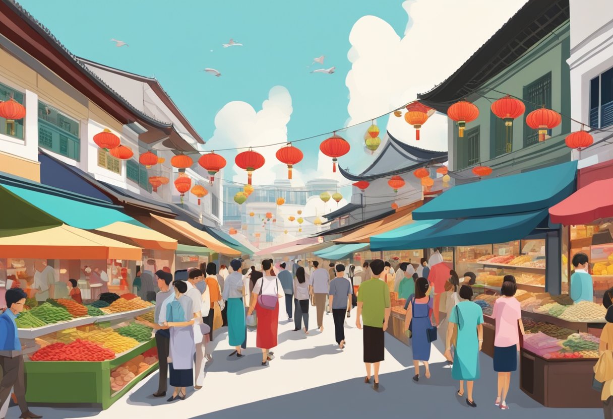 A bustling market street in Singapore, adorned with colorful Cheongsams on display, as shoppers browse and haggle with vendors