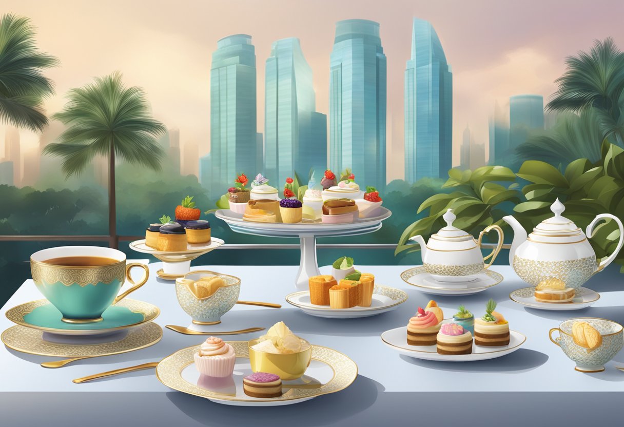 A table set with an array of halal high tea treats, surrounded by elegant teacups and saucers, with a backdrop of a modern and stylish setting in Singapore