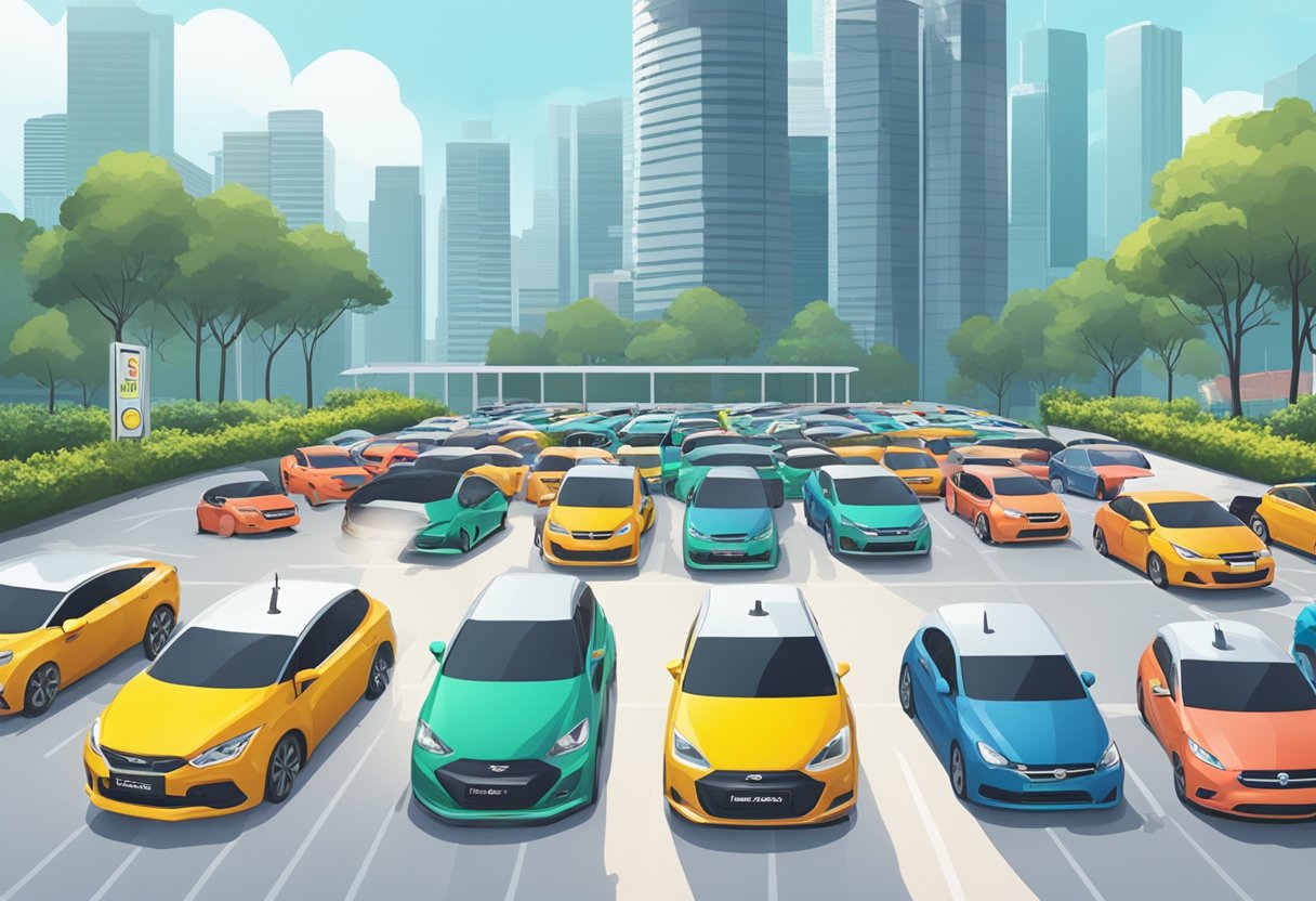 Several cars parked in a designated car sharing area in Singapore. Signage and logos of top car sharing services are visible