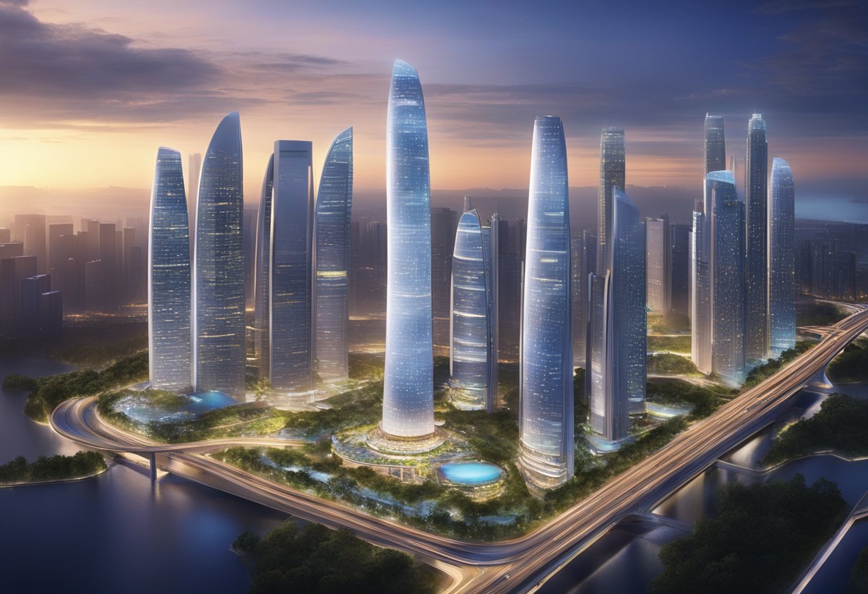 Firefly Singapore's strategic developments and partnerships unfold in a dynamic, futuristic cityscape with glowing skyscrapers and sleek, high-tech infrastructure