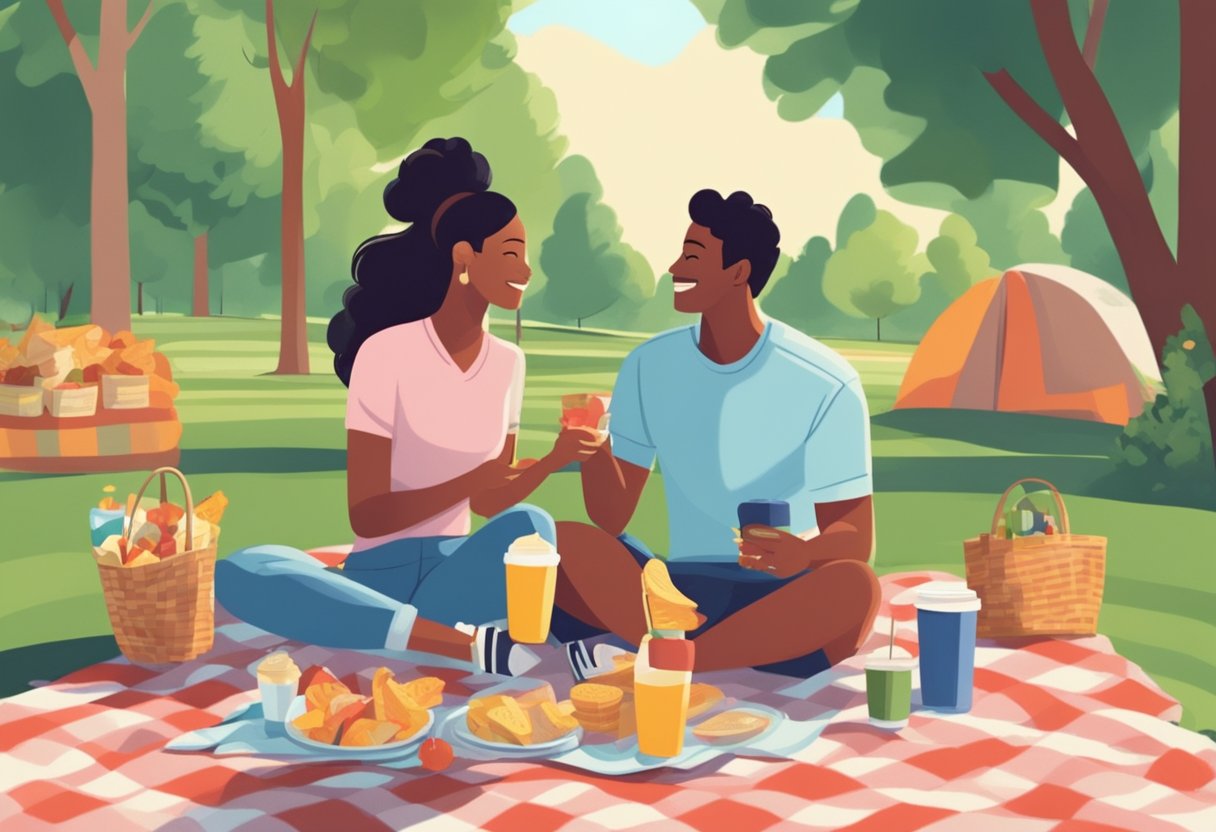 A couple enjoys a picnic in a lush park, with a spread of affordable snacks and drinks on a checkered blanket. Nearby, a free outdoor movie plays on a large screen
