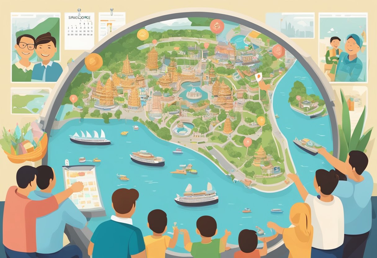 Families gather around a map, pointing to attractions in Singapore. A calendar hangs on the wall, marked with travel dates