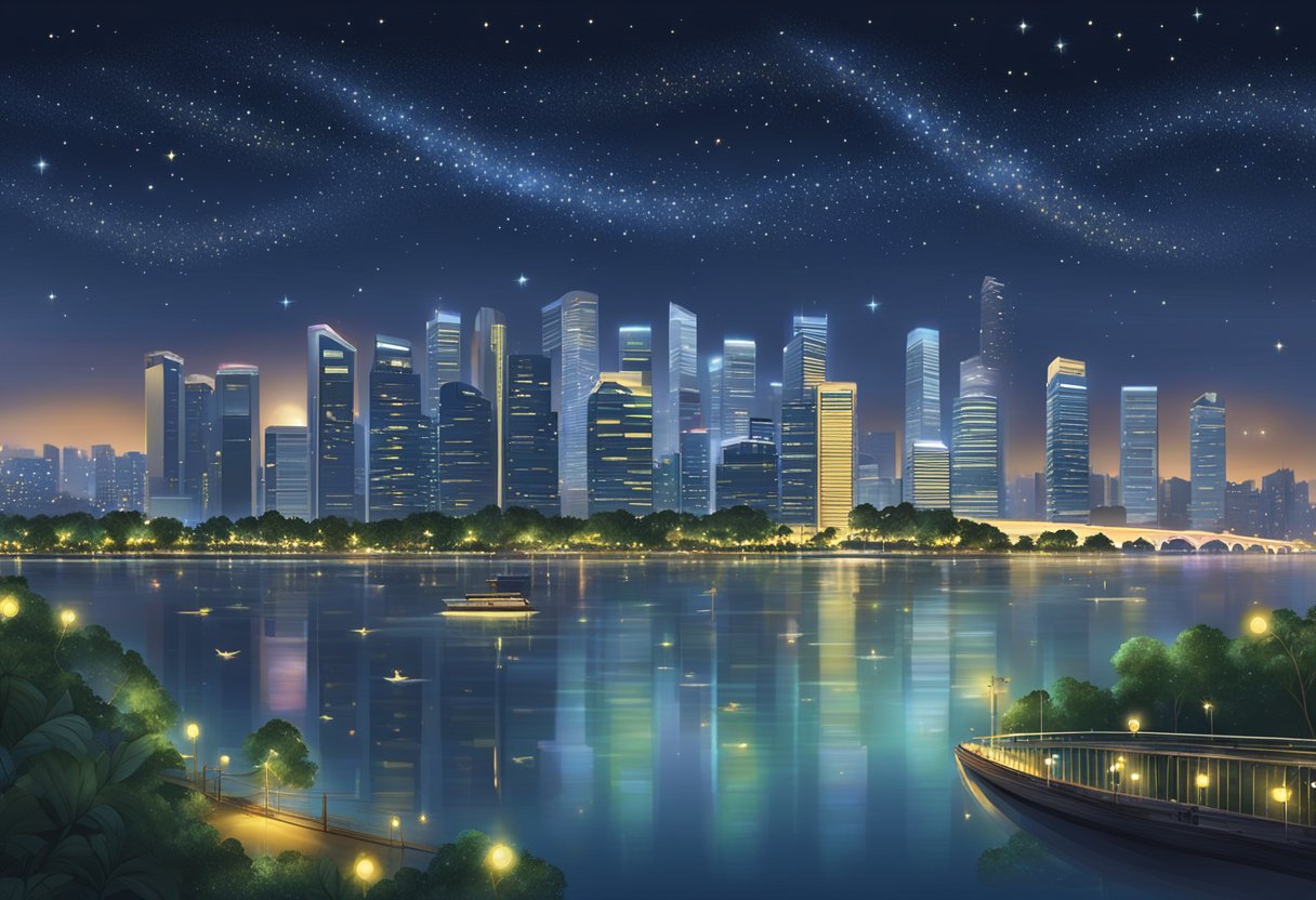 A group of fireflies illuminating the night sky over the city of Singapore, creating a mesmerizing display of twinkling lights