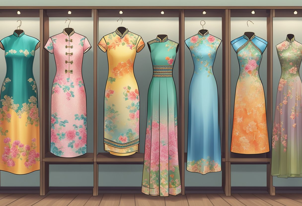 A colorful array of traditional cheongsam dresses displayed in a Singaporean boutique