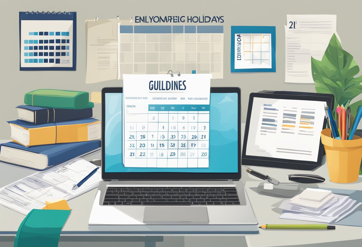An office desk with a calendar showing public holidays in Singapore, a laptop, and a document titled "Employment Guidelines for Public Holidays."