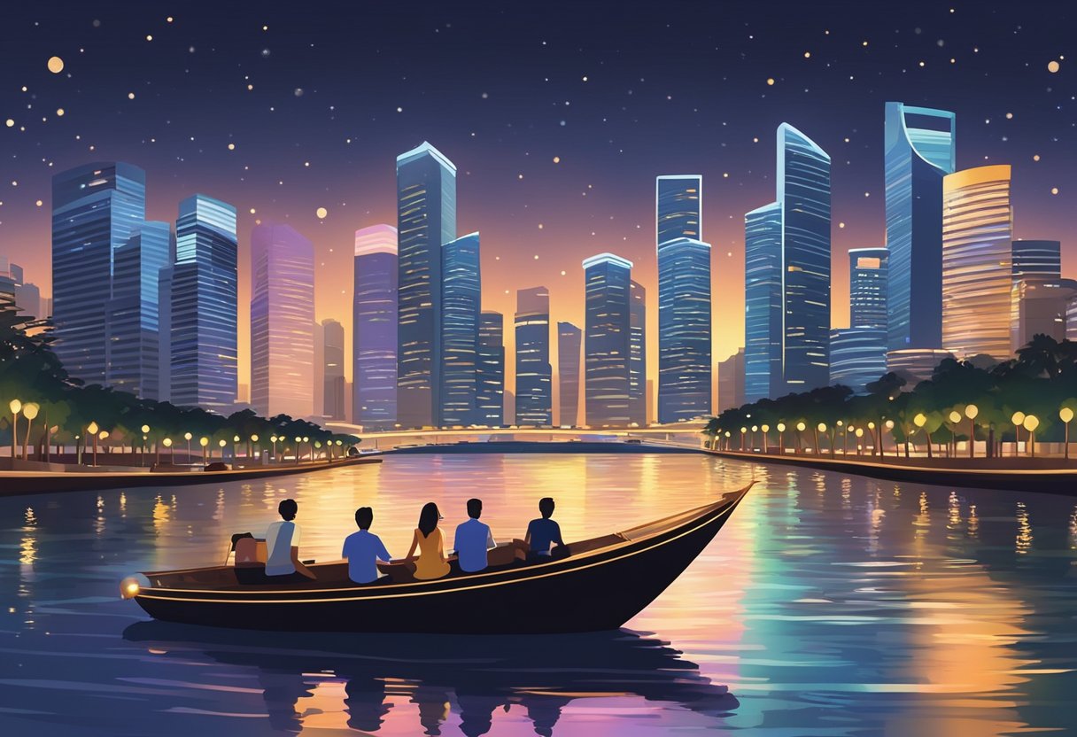 Couples enjoying a romantic boat ride along the Singapore River at sunset, passing under the twinkling lights of the city skyline