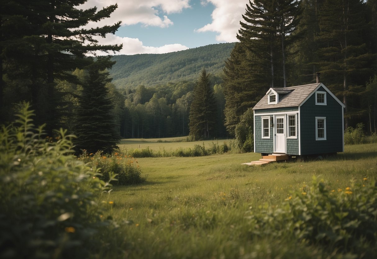 A tiny house sits on a green field in New Hampshire, surrounded by trees. A sign with "Frequently Asked Questions" is posted nearby