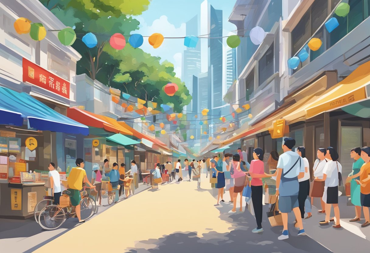 A bustling Singapore street with colorful signs and tourists asking questions at information booths