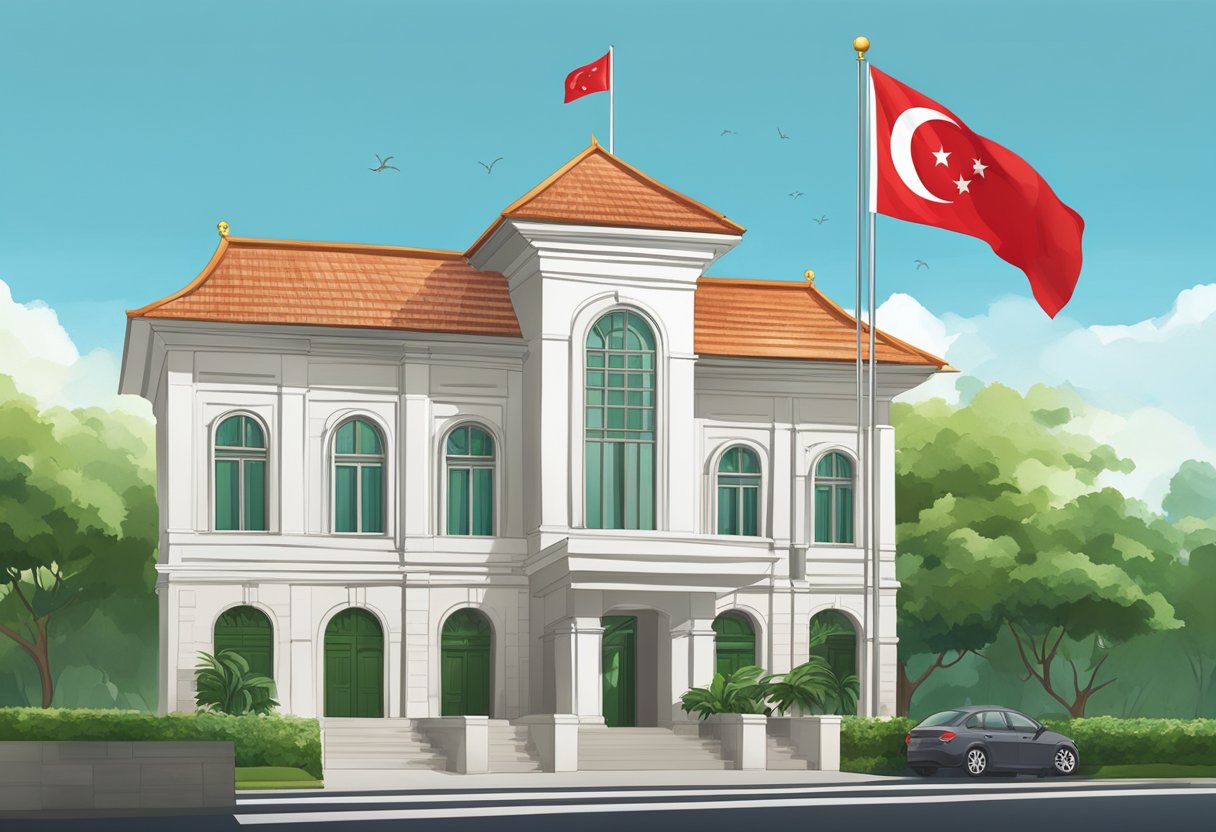 The Indonesia embassy in Singapore stands tall with its traditional architecture and a flag waving proudly in the breeze. Surrounding greenery adds to the serene atmosphere