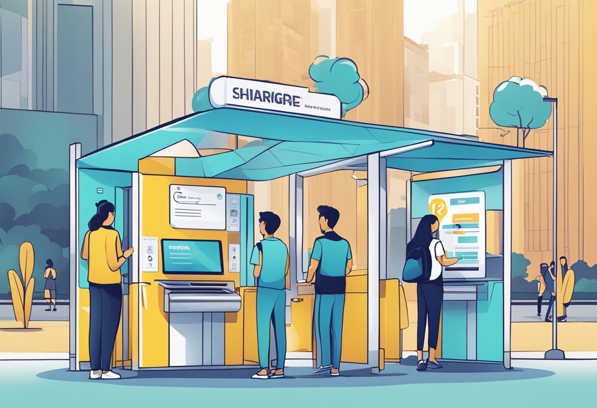 A group of people accessing a car sharing service kiosk in Singapore, with a prominent "Frequently Asked Questions" sign displayed