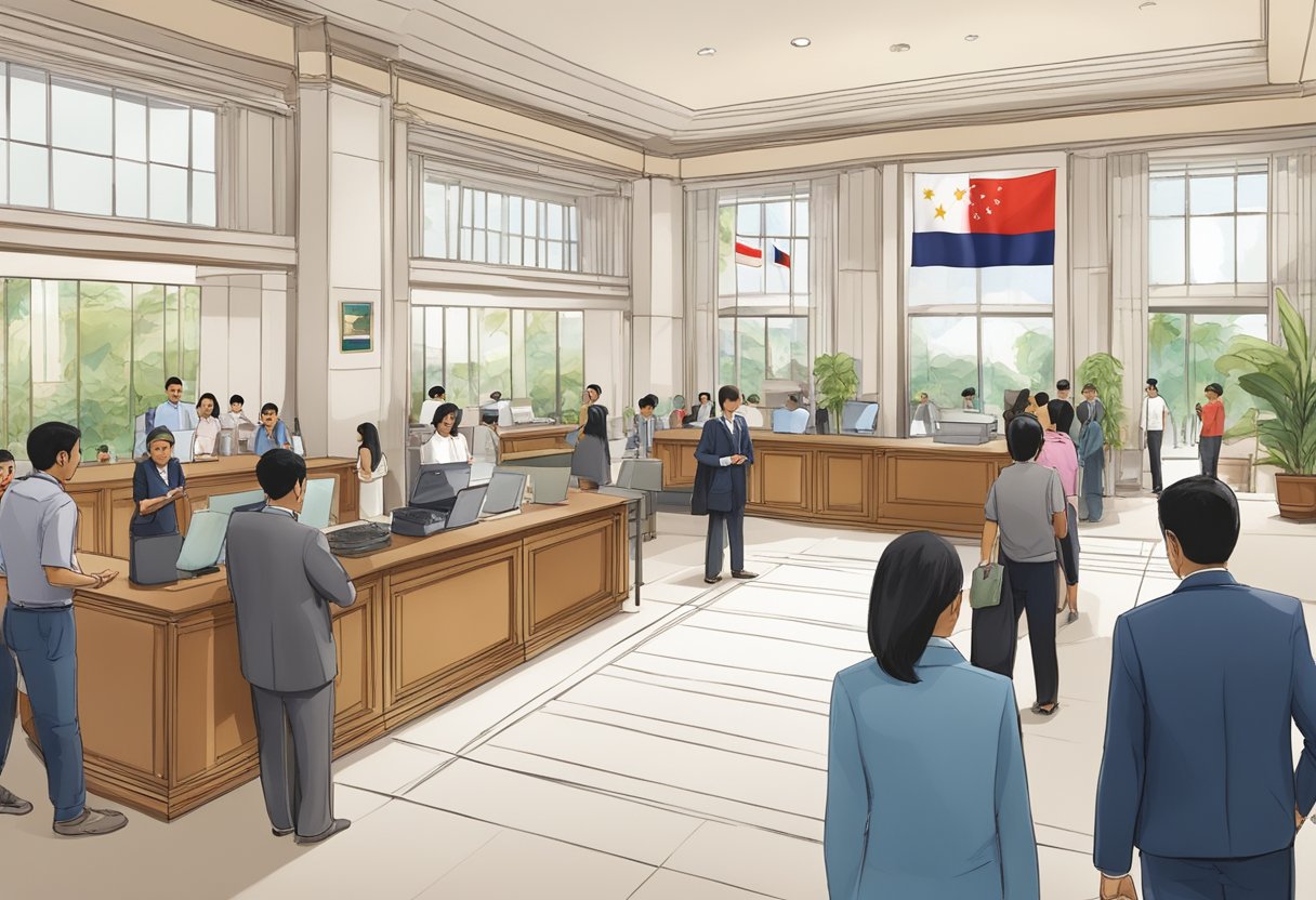 The bustling lobby of the Indonesian Embassy in Singapore, with people waiting in line for consular services, flags hanging from the ceiling, and a reception desk with staff assisting visitors