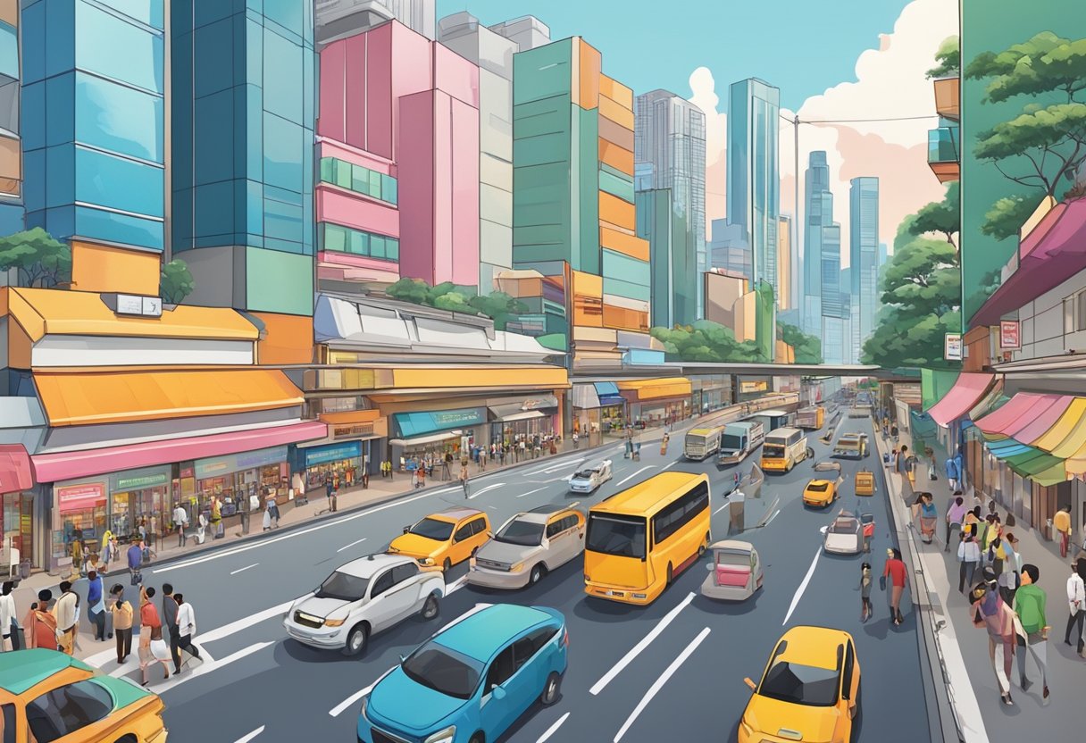 A bustling street in Singapore, with colorful shopfronts and bustling crowds. The iconic skyline of the city can be seen in the distance, with its modern skyscrapers and unique architecture