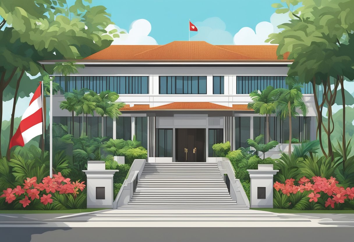The Indonesia embassy in Singapore is a modern building with a traditional Indonesian architectural influence. The flag of Indonesia flies proudly outside the entrance, and the building is surrounded by lush tropical plants
