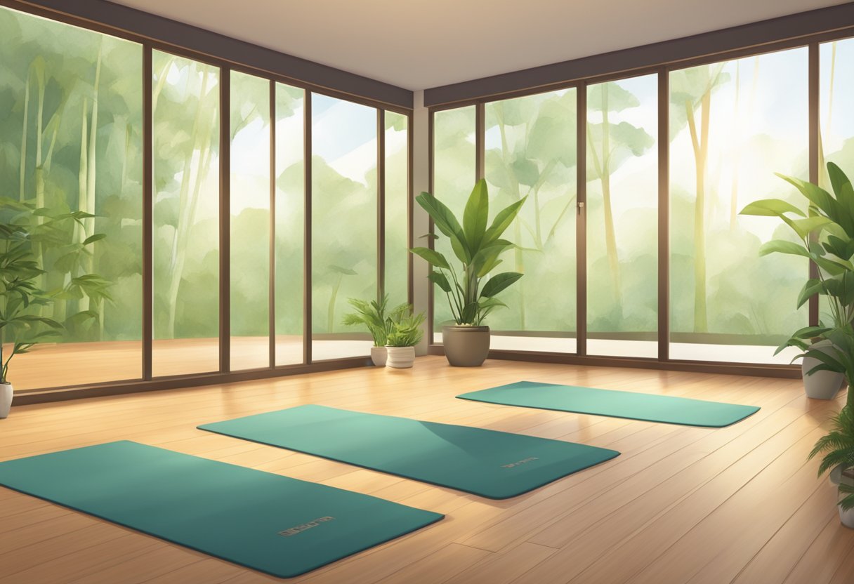 A serene yoga studio with soft lighting, bamboo flooring, and lush greenery. A tranquil space for mindfulness and relaxation