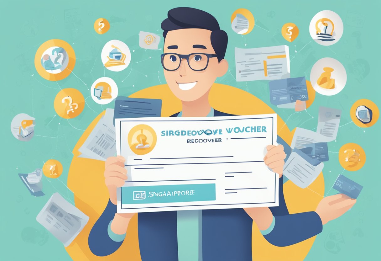 A person holding a Singapore Rediscover Voucher, surrounded by question marks and a FAQ list
