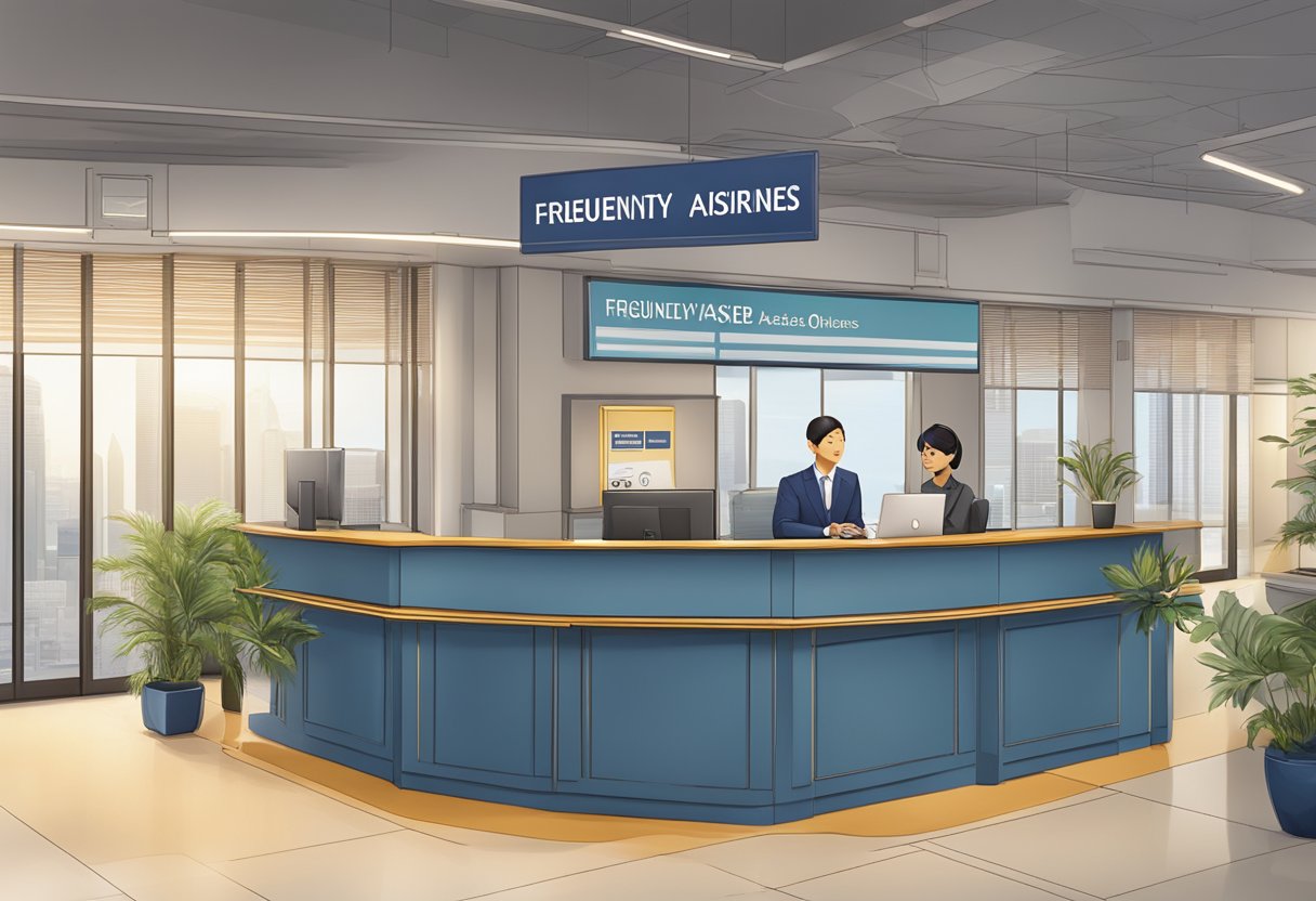 A customer service desk with a sign reading "Frequently Asked Questions" at a Singapore Airlines office