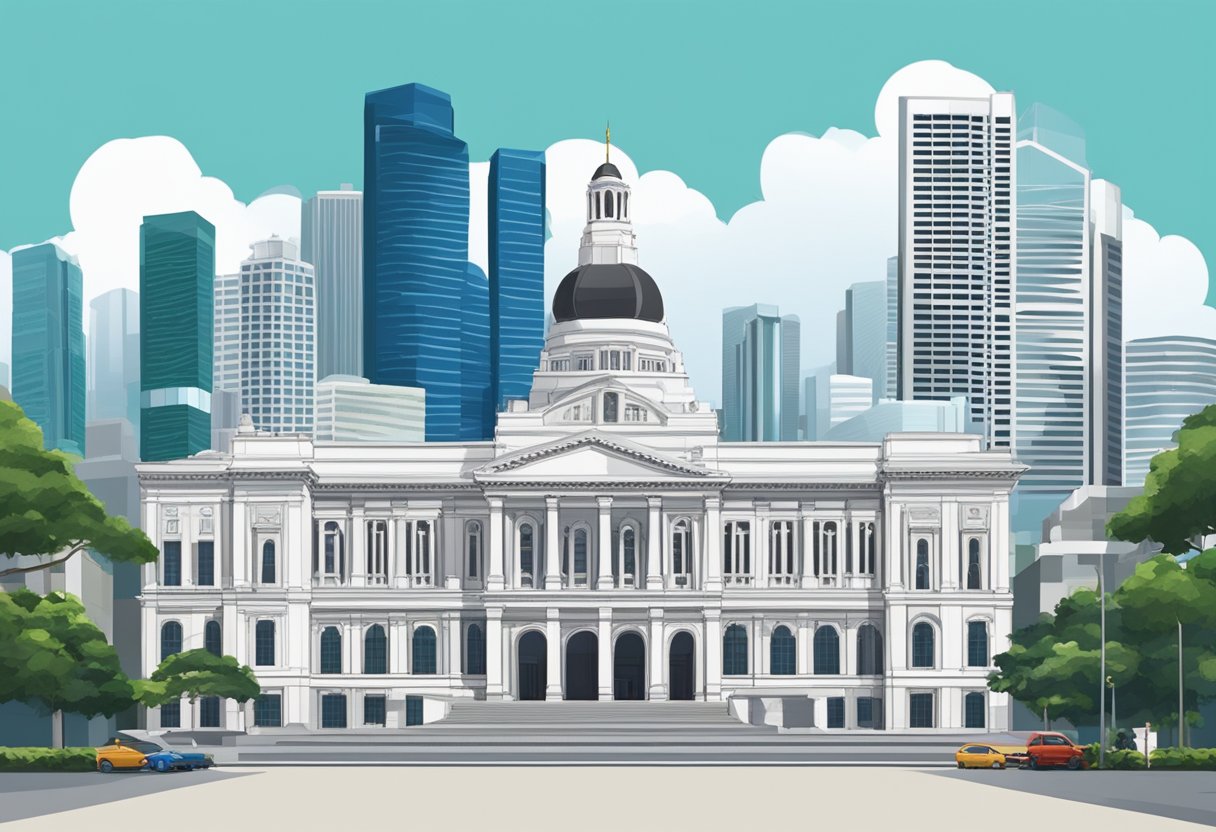 City Hall in Singapore, surrounded by modern skyscrapers, with its iconic white facade and clock tower standing tall against the city skyline