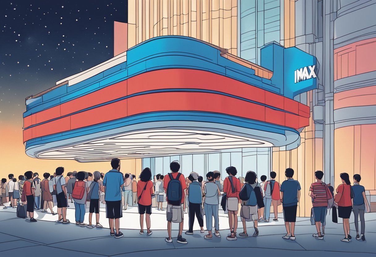 Outside the IMAX cinema in Singapore, the iconic red and blue sign illuminates the night sky, while a line of moviegoers eagerly waits to enter