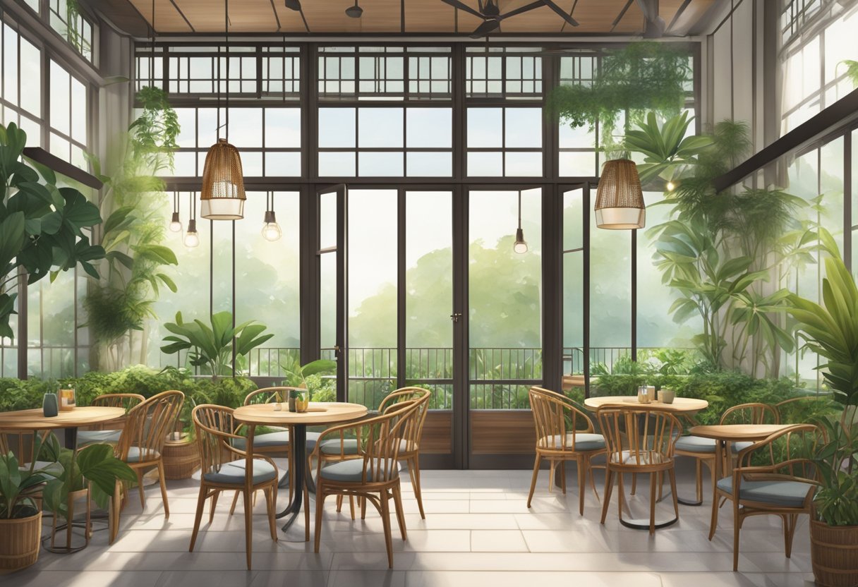 A cozy cafe in Singapore with lush greenery, rattan furniture, and soft natural light streaming in through large windows
