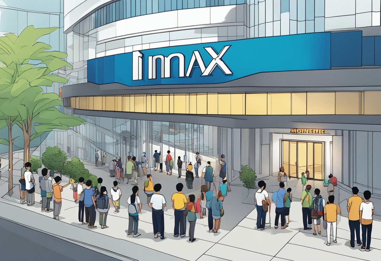 Moviegoers line up outside the IMAX Cinema in Singapore, while staff members prepare for the day's screenings inside. The iconic IMAX logo is prominently displayed on the building's exterior