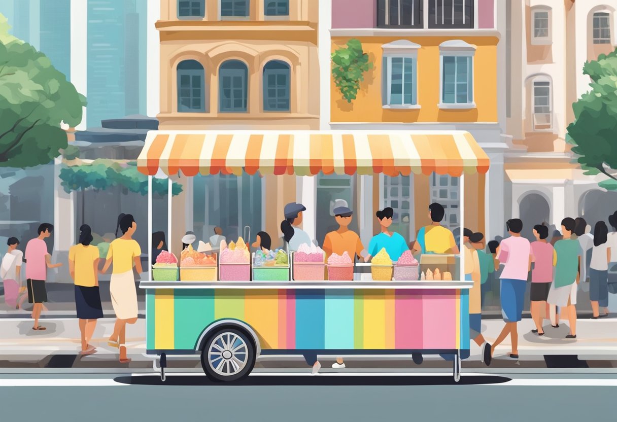 A colorful ice cream cart with a variety of flavors parked on a bustling street in Singapore. Customers eagerly line up to order their favorite frozen treats