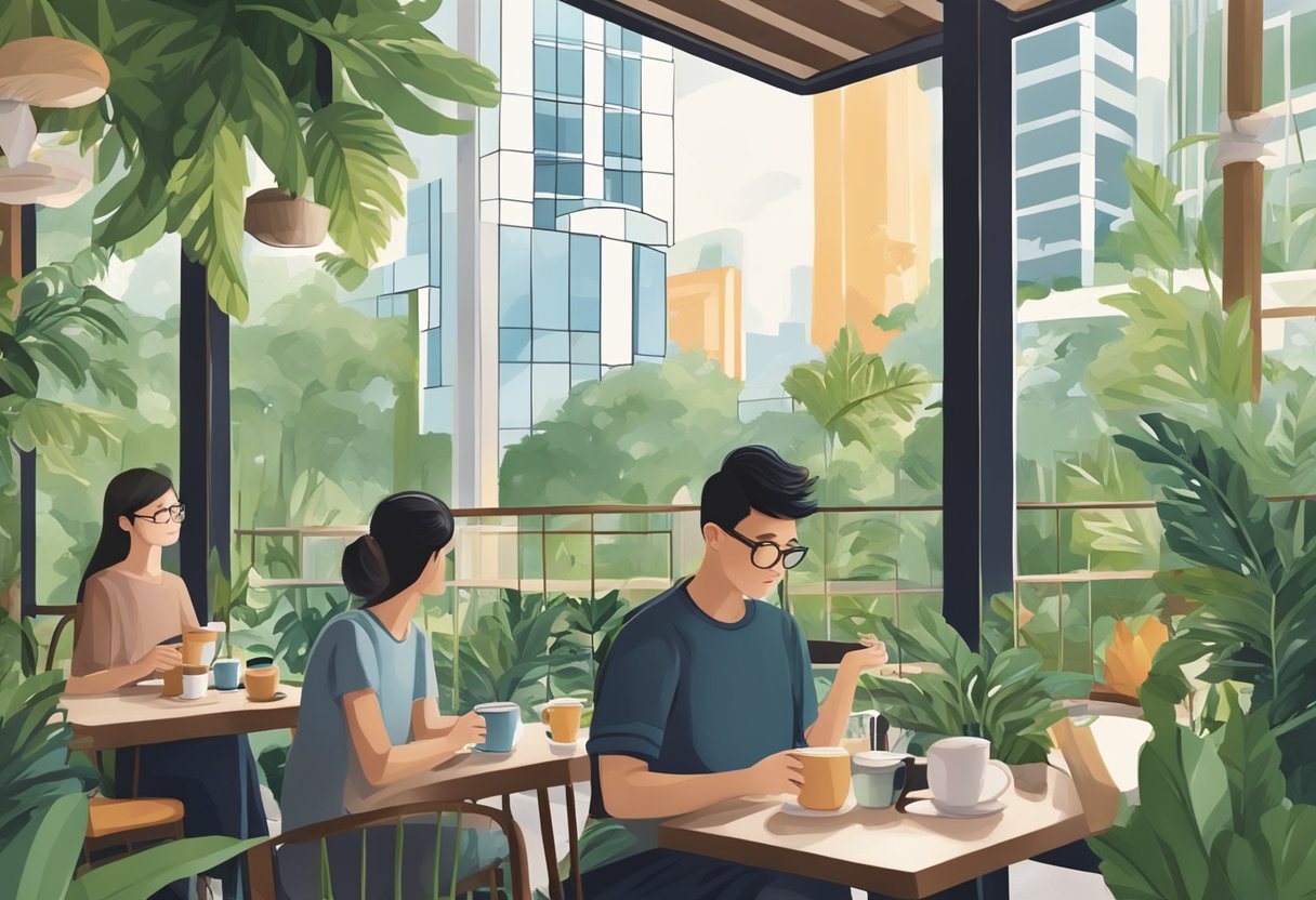 People enjoying coffee in a cozy cafe in Singapore, with lush greenery and modern architecture in the background