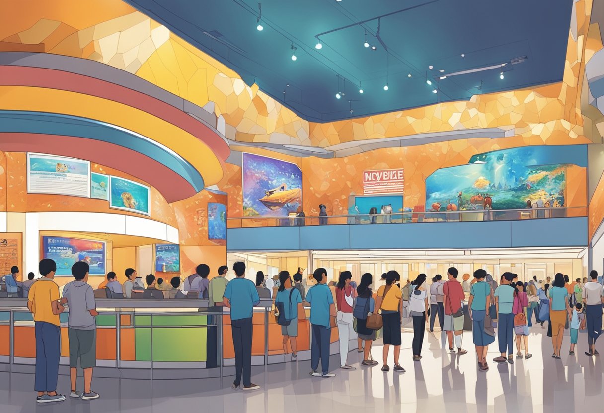 The bustling lobby of an IMAX cinema in Singapore, with a long queue at the ticket counter and colorful movie posters adorning the walls