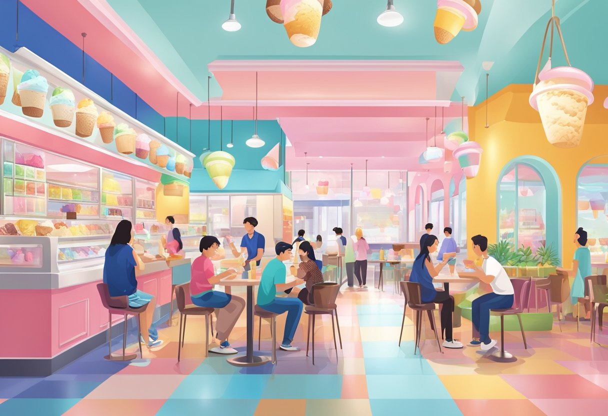 People tasting different ice cream flavors in a colorful Singaporean ice cream parlor