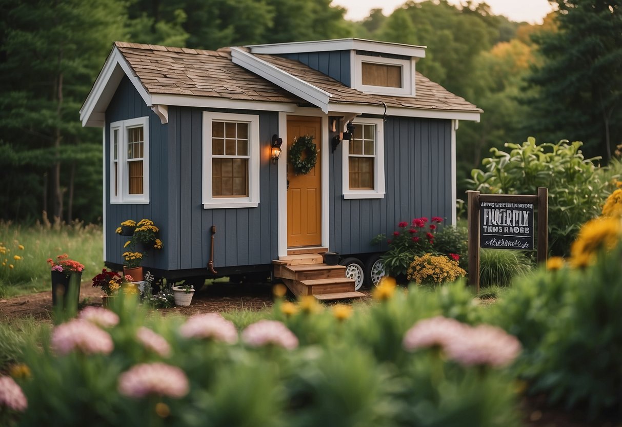 A tiny house nestled in a New Jersey landscape, with a sign reading "Frequently Asked Questions: Are Tiny Houses Legal in NJ?" visible in the foreground