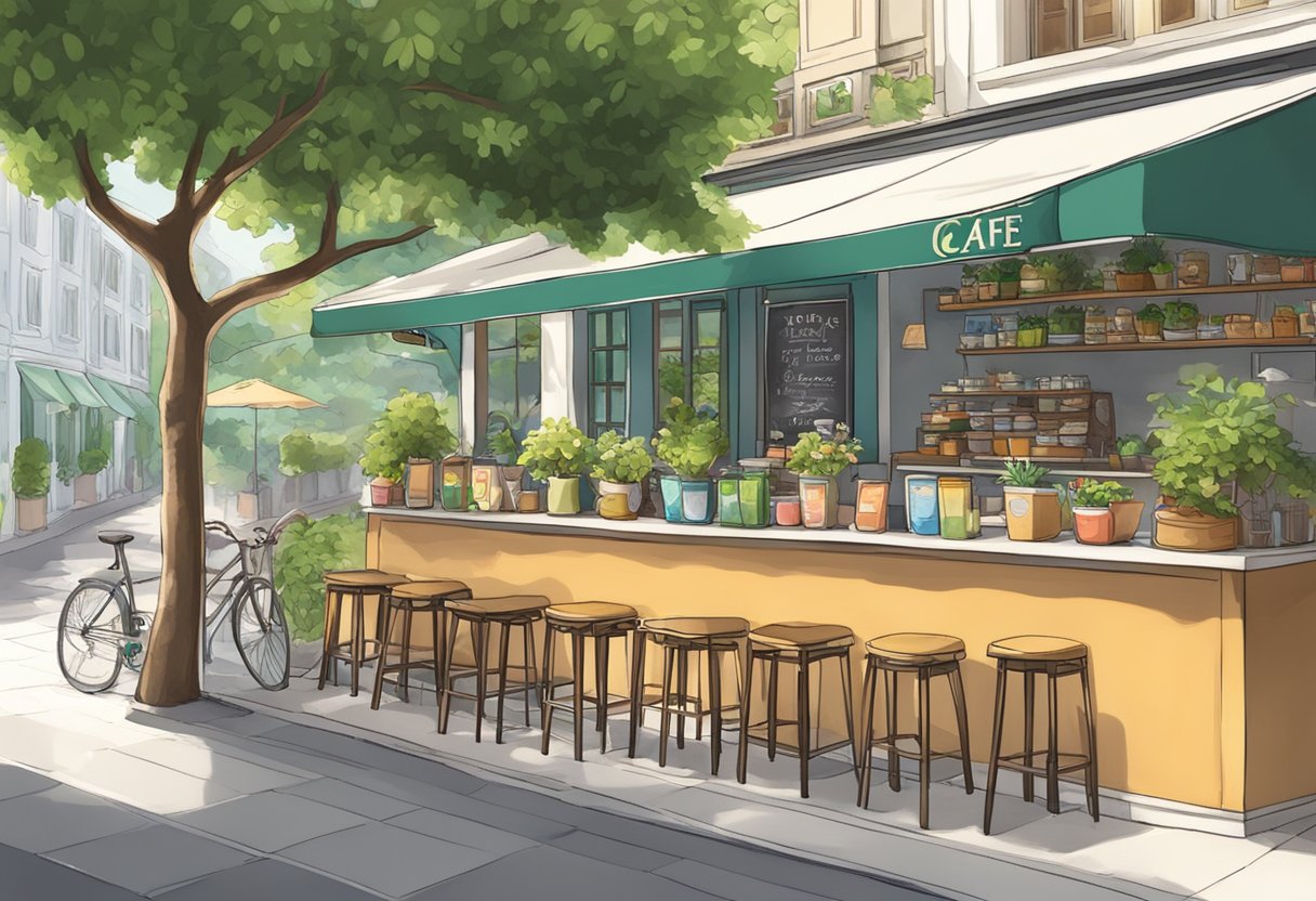 A cozy cafe in Singapore, with colorful outdoor seating and lush greenery. A sign welcomes visitors to "Plan Your Cafe Hopping Adventure."