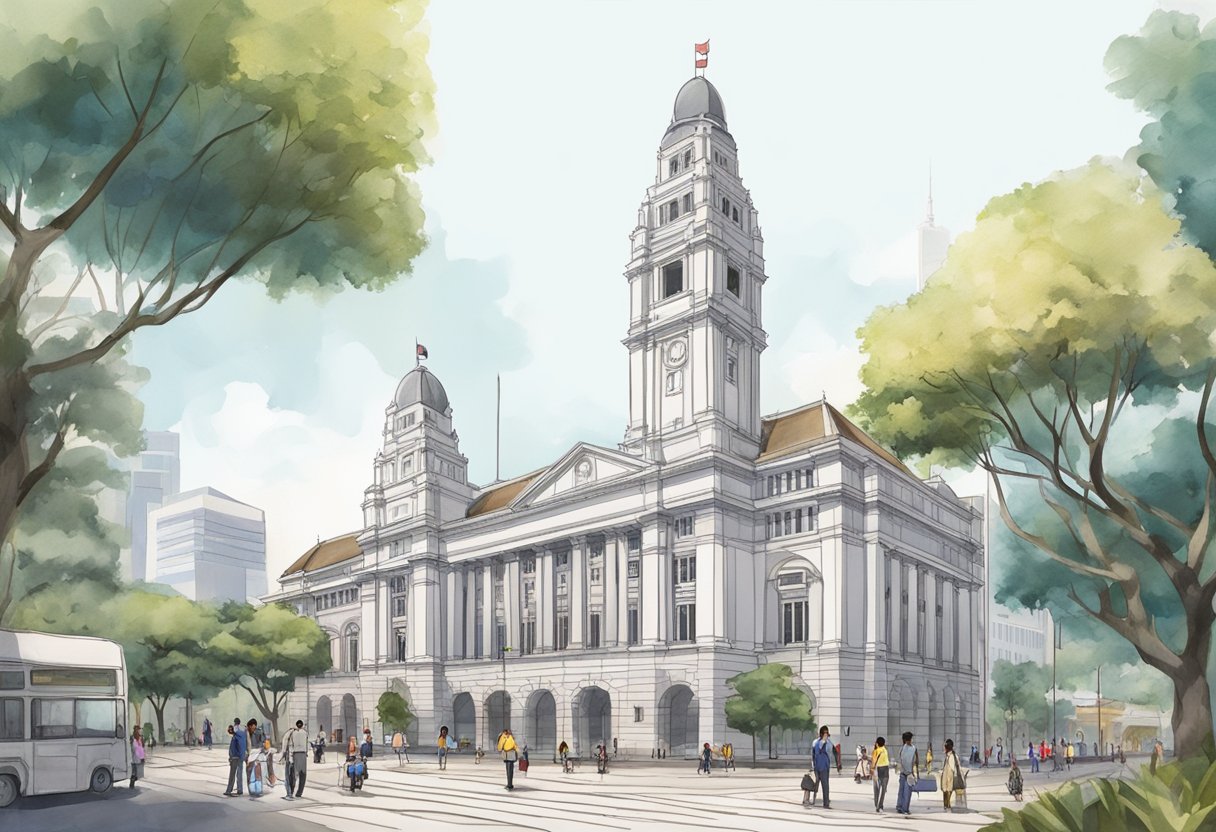 The city hall in Singapore is bustling with people asking questions, with a modern and sleek design. The building stands tall against the city skyline, with a mix of traditional and contemporary architecture