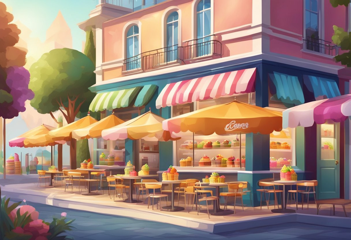 Colorful ice cream shop with a variety of flavors and toppings. Customers enjoying cones and cups at outdoor tables. Bright signage and happy atmosphere