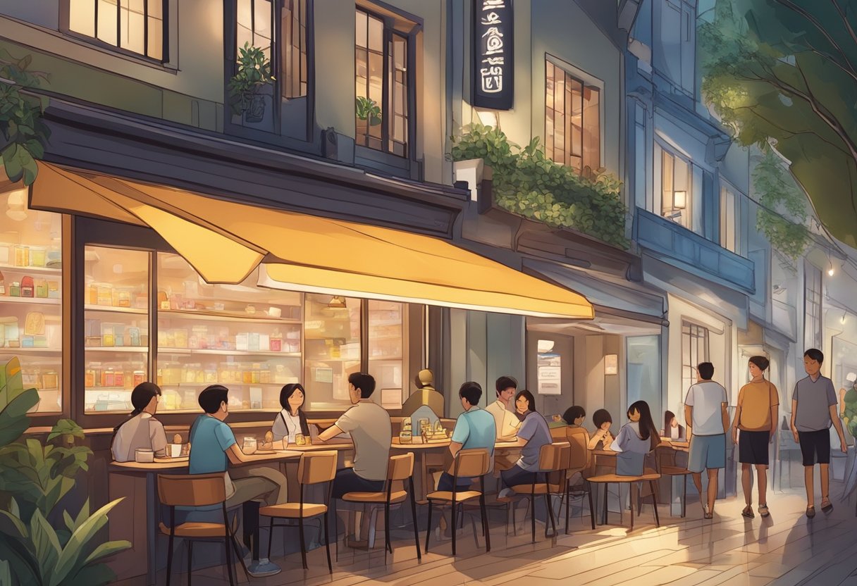 A cozy cafe in Singapore with bustling patrons and a friendly atmosphere. The interior is modern with warm lighting and comfortable seating. A menu board displays a variety of drinks and snacks