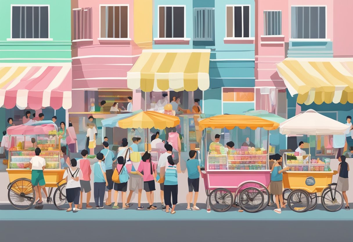 A colorful ice cream cart surrounded by curious customers in a bustling Singaporean market