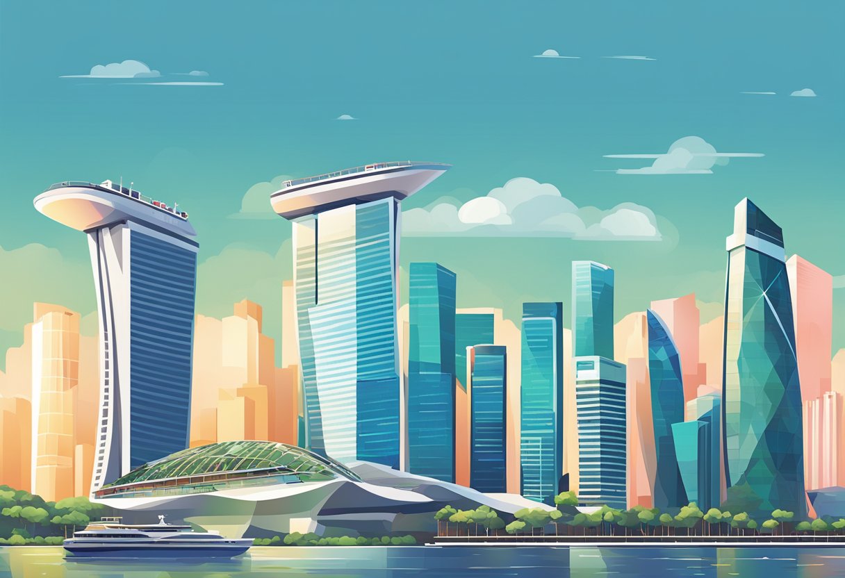 A bustling cityscape in Singapore, with iconic landmarks like the Marina Bay Sands and the futuristic architecture of Oneplus Singapore building