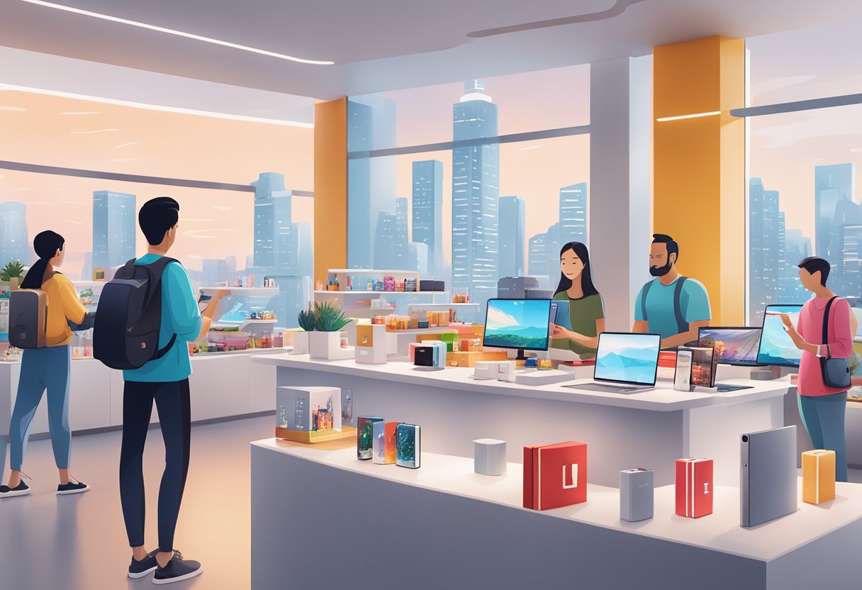 A table showcasing various OnePlus products in a well-lit Singaporean store. The sleek and modern design of the gadgets is on display, with a vibrant cityscape visible through the windows in the background