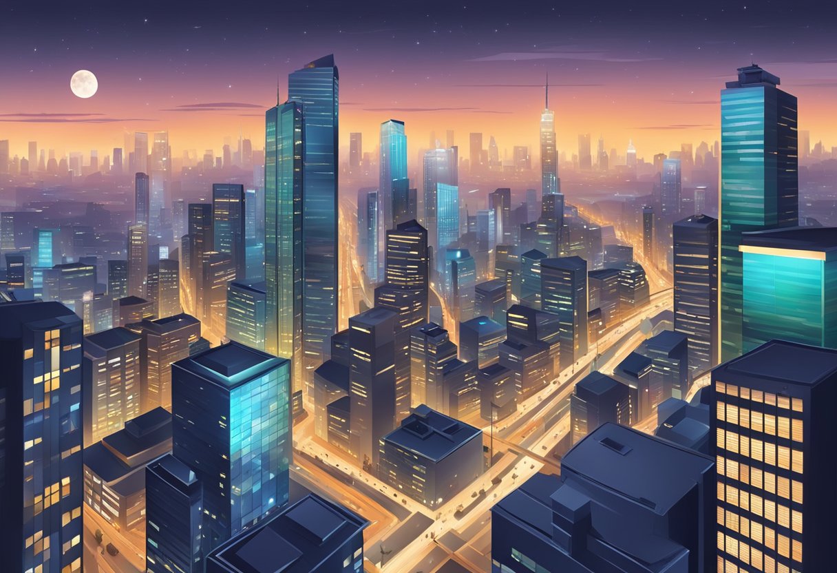 A bustling cityscape with modern skyscrapers, bustling streets, and vibrant city lights in the evening