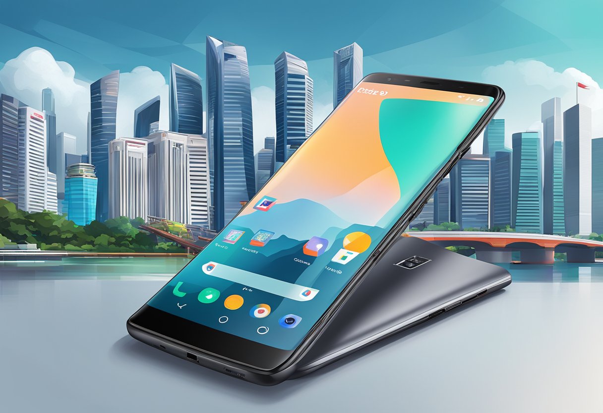 A sleek oneplus phone with advanced features displayed against a futuristic backdrop of Singapore's skyline