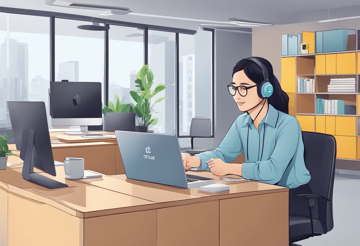 A customer service representative answering questions about OnePlus products in a modern Singapore office setting