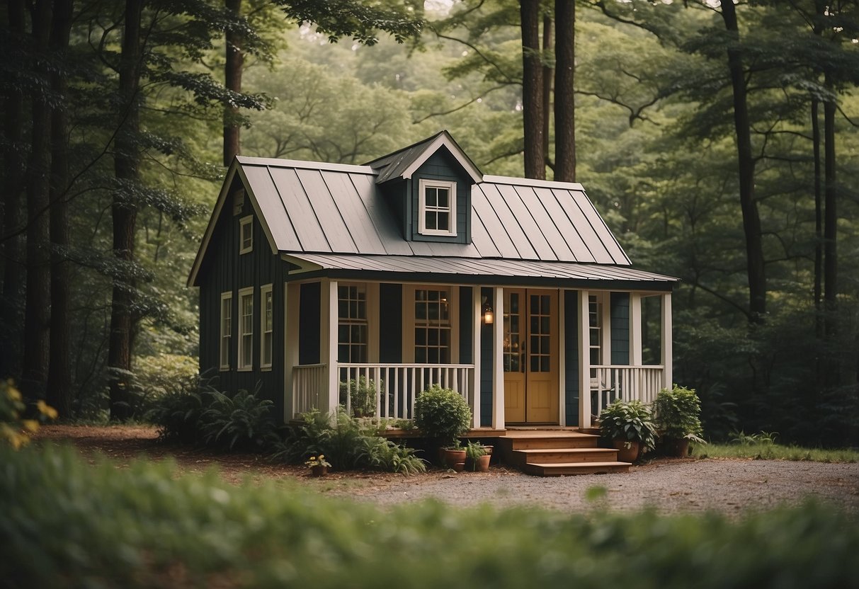 A cozy tiny house nestled in the lush landscape of North Carolina, surrounded by trees and a serene atmosphere