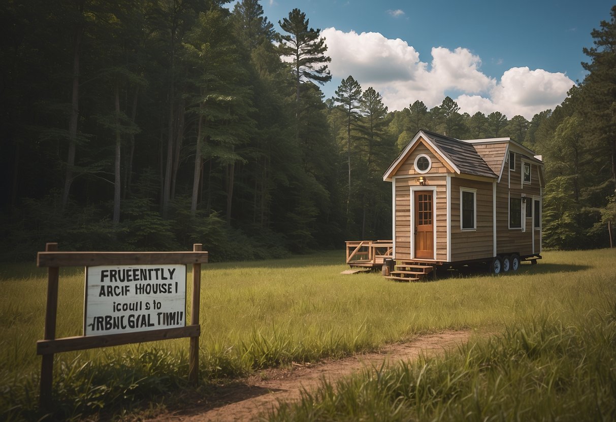 A tiny house nestled in a North Carolina landscape, with a sign reading "Frequently Asked Questions: Are Tiny Houses Legal in North Carolina?" displayed prominently