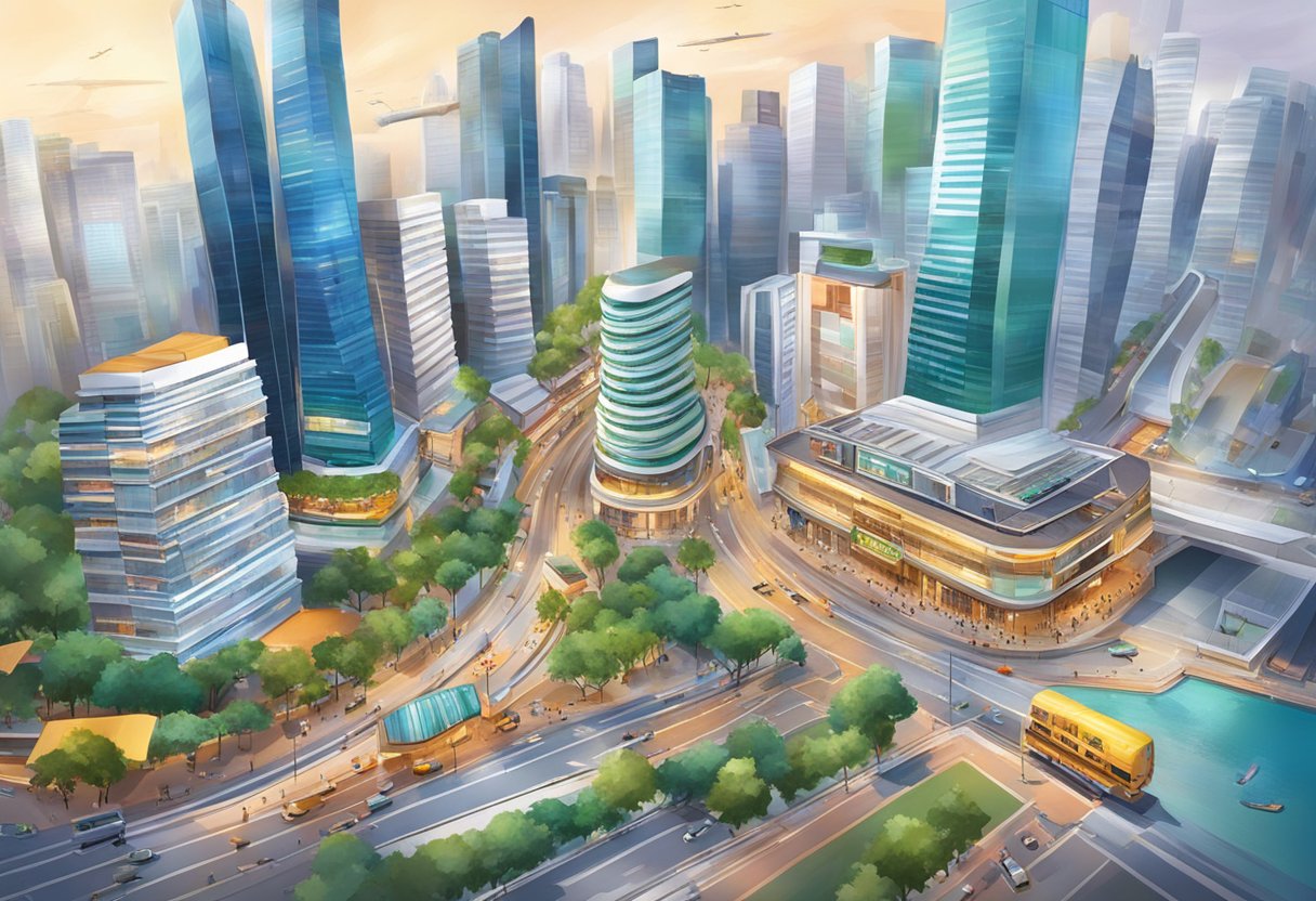 A bustling cityscape with towering skyscrapers and vibrant street life, showcasing the energy and excitement of Singapore's promotional and lifestyle scene