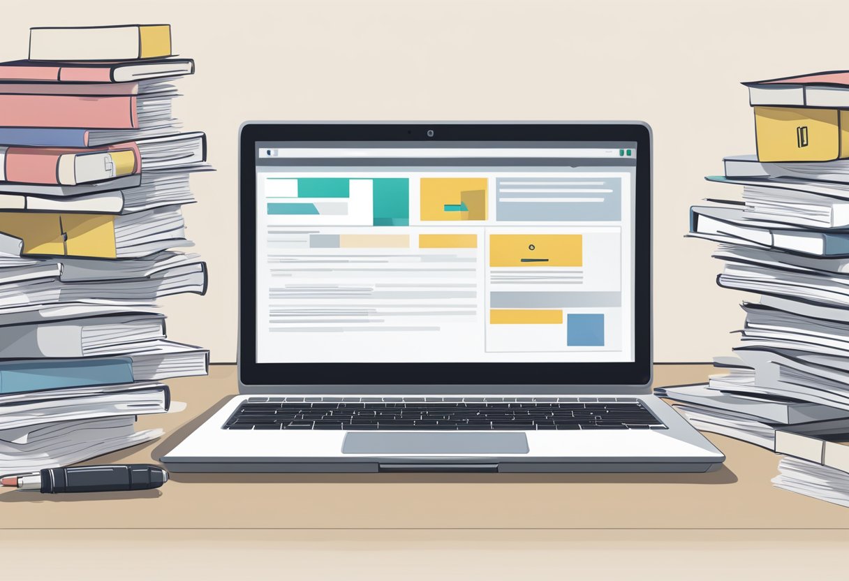 A laptop with the JD Singapore website open, surrounded by a stack of FAQ papers and a pen